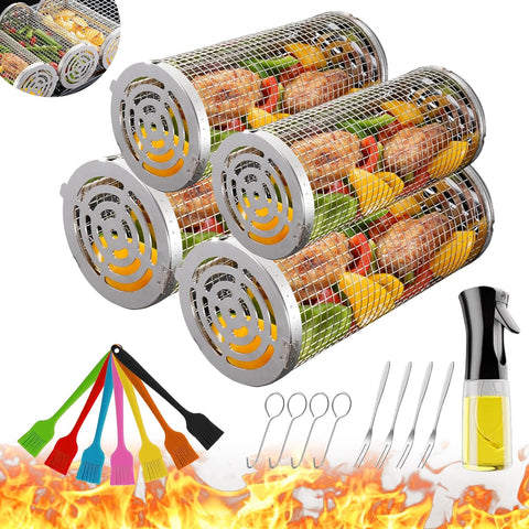 Image of Wrakus Rolling Grilling Baskets for Outdoor - Grill Grate Charcoal round BBQ Stainless Steel Basket Campfire Grid Camping Picnic Cookware (2PCS 200*90*90Mm&2Pcs 300*90*90Mm)