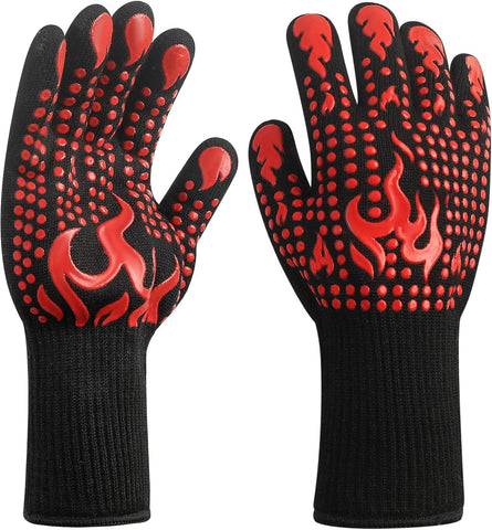 Image of 1 Pair/2 Pieces BBQ Gloves, Grilling Gloves, Heat Resistant Barbecue Oven Gloves, 1472°F/800°C Kitchen Fireproof Mitts Heat Proof for Grilling, Baking, Cooking, Welding Gloves Mitts - Red