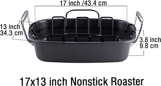 Cook N Home Nonstick Roasting Pan Bakeware Roaster with Rack, 17X13-Inches, Black