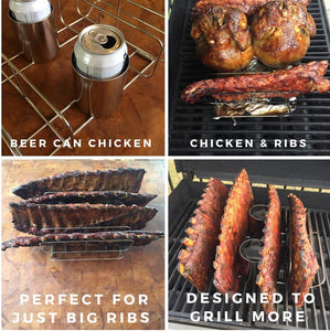 Cataumet BBQ Rib Rack and Beer Can Chicken Holder Smoking Rack Fits Big Egg Style Grills Ovens and Smokers Made with Genuine 304 Stainless Steel