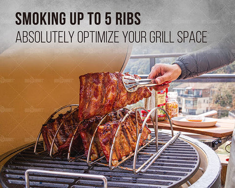 Image of BBQ Rib Racks for Smoking, Classic Joe, BGE Grill Expander Rack Accessories - Optimizes Grilling Space, Standing Roast Rack Allows for More Even Cooking, Works with 18" or Larger Size Grill, Stainless