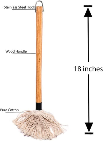 Image of Zaanzeer 18 Inches BBQ Mop with Wooden Handle and 4 Extra Replacement Cotton Fiber Basting Mop Heads for Grilling and Smoking Steak