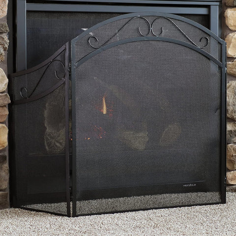 Image of Sunnydaze Elegant Scrolling Design Steel 3-Panel Fireplace Screen with Black Powder-Coated Finish