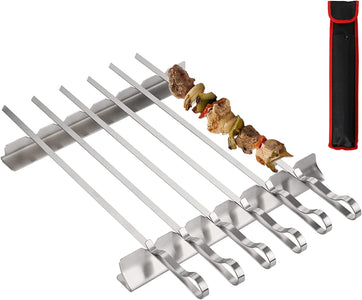 Dicunoy 9 PCS Stainless Steel Barbecue Skewers, 17" Kabob Skewers for Grilling,Reusable Metal Flat Shish BBQ Sticks with Kabob Rack Stand for Meat, Shrimp, Chicken, Vegetable Grill