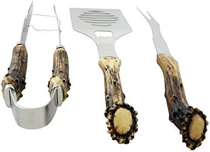 Antler Handle 3 Piece Grilling Utensils Set - for Barbecue Outdoors Style Cooking, BBQ Starter Pack Tools, Smoker Accessories, Stainless Steel Metal Tongs, Fork, Spatula Utensils