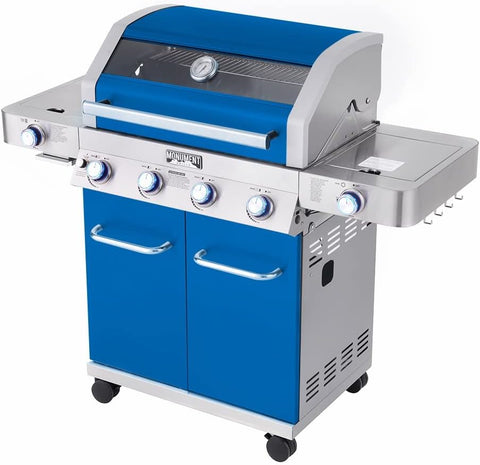 Image of Monument Grills Larger 4-Burner Propane Gas Grills Stainless Steel Cabinet Style with Clear View Lid, LED Controls, Built in Thermometer, and Side & Infrared Side Sear Burners, Blue