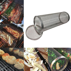 Rolling Grilling Basket,Rolling Grilling Baskets for Outdoor Grilling,Stainless Steel Grill Mesh Barbeque Grill Accessories,Grill Baskets for Outdoor Grill,Bbq Grill Basket for Veggies 11.8In