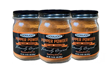Cackalacky® Pepper Powder Trio, 2.3 Oz. Jar 3 Pack, Pepper Sauce Flavor, Seasoning, Rub, Garnish Makes Great with Wings, Pork, Slaw Dressing, Seafood, Salad, BBQ, Pizza, Burgers, Fries, Omelets, and Mac & Cheese - Made with Natural Herbs and Spices