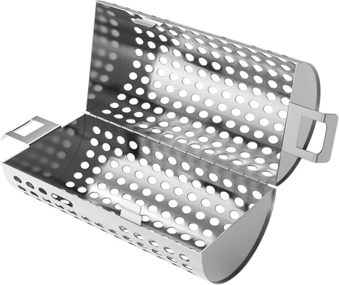 Image of KEESHA BBQ Roller Grill Basket Vegetables & Fish Grill Basket - BBQ Grill Cooking Accessories for Outdoor Grill for Smokers / Pellet Grills / Charcoal Grills / Gas Grills - Perfect Grilling Gifts for Men, Stainless Steel