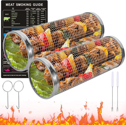 Image of "2PCS Grill Baskets - New-Upgrade Rolling BBQ Mesh for Outdoor Grilling -304 Stainless Steel Barbeque Accessories for Camping, Picnic, and Cookouts - Portable Baskets for Fish, Shrimp, Meat, Vegetables, and Fries - Full Size 12.20X7.87X3.93 Inch