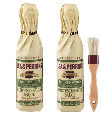 Image of Lea & Perrins Reduced Sodium Worcestershire Sauce Set with Natural Wooden Basting Brush - by Edge Collections | (2) 10 Ounce Bottles | Gluten Free, Low Sodium, and Only 5 Calories per Serving!