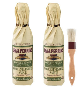 Lea & Perrins Reduced Sodium Worcestershire Sauce Set with Natural Wooden Basting Brush - by Edge Collections | (2) 10 Ounce Bottles | Gluten Free, Low Sodium, and Only 5 Calories per Serving!