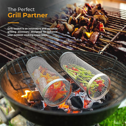 Image of 2 Pack BBQ Rolling Basket – Rolling Grilling Baskets for Outdoor Grilling - Stainless Steel BBQ Grill Basket - BBQ Accessories for Outdoor BBQ Grill