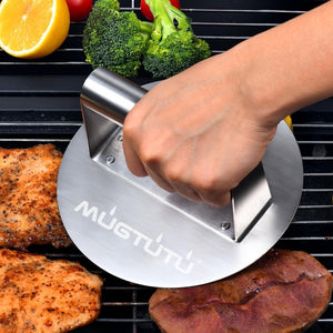 MUGTUTU Stainless Steel Burger Press, 6.3 Inch Smash Burger Press, Non-Stick Smooth Hamburger Press, Bacon Press, Grill Press Perfect for Flat Top Griddle Grill Cooking (6.3IN Flat)