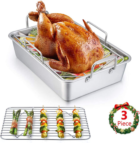 Image of Stainless Steel Roasting Pan, E-Far 14 X 10.6 Inch Heavy Duty Turkey Roaster with V Rack & Baking Rack Set, Small Metal Deep Broiling Pan for Oven Cooking Lasagna Meat Chicken - Dishwasher Safe