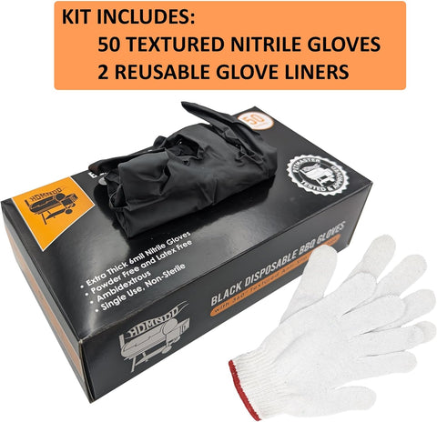 Image of Black Disposable BBQ Grill Gloves Kit - 50 Heavy Duty Textured Grip and 2 Heat Resistant Reusable Liners Meat Pulling