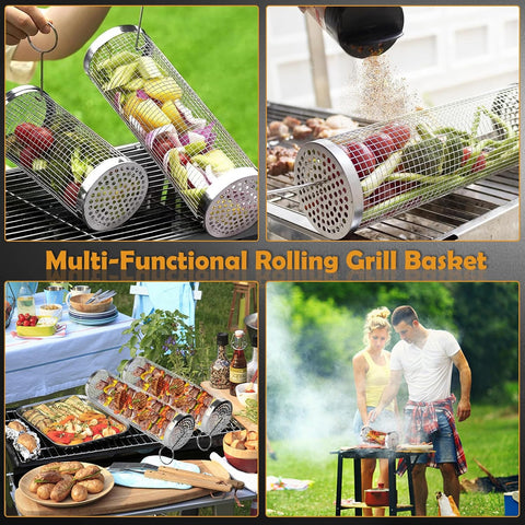 Image of Grill Basket 2 Pcs-Rolling Grilling Basket,Round Stainless Steel BBQ Grill Mesh,Vegetable Grill Basket,Bbq Grilling Accessories,Outdoor Camping Portable Grill,Men'S Gifts .(2Pc/11.8In)