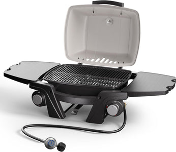 Portable Gas Grill, Portable Propane Grill, Propane Gas Grill, 24,000 BTU Outdoor Tabletop Small BBQ Grill with Two Burners, Removable Side Tables, Gas Hose and Regulator, Built in Thermometer, White
