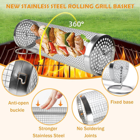 Image of Grill Basket 2 Pcs-Rolling Grilling Basket,Round Stainless Steel BBQ Grill Mesh,Vegetable Grill Basket,Bbq Grilling Accessories,Outdoor Camping Portable Grill,Men'S Gifts.(2Pc/7.87In)