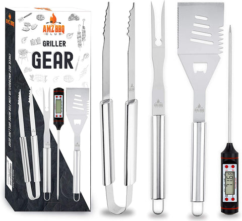 Image of Grill Accessories - 4 Piece BBQ Tool Grill Set - Grill Tools Includes Stainless Steel Metal Spatula, Fork, Tongs and Instant Read Meat BBQ Thermometer - Great for Gifts