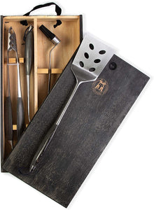 Schmidt Brothers - BBQ Ash 4 Piece Grill Set, Full-Forged Stainless Steel Grilling Utensils Including Spatula, Fork, Basting Brush, and Tongs with All Wood Handles