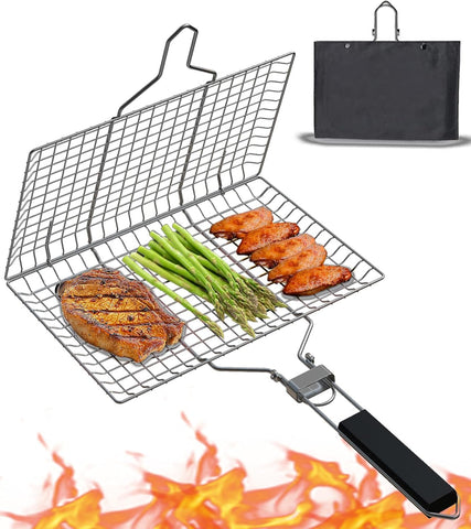 Image of Grill Basket, Portable Stainless Steel Fish Grill Basket with Removable Handle, Outdoor Camping BBQ Rack for Fish, Shrimp, Vegetables, Barbeque Griller Cooking Accessorie