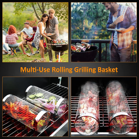 Image of USYFUL Rolling Grilling Baskets, BBQ Grill Basket, Stainless Steel Grill Mesh Barbeque Grill Accessories, Camping Picnic Cookware for Outdoor Grill for Fish, Meat, Vegetables