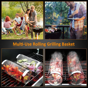 USYFUL Rolling Grilling Baskets, BBQ Grill Basket, Stainless Steel Grill Mesh Barbeque Grill Accessories, Camping Picnic Cookware for Outdoor Grill for Fish, Meat, Vegetables