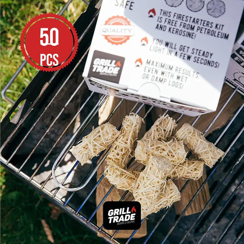 Image of Grill Trade Firestarters 50 Pcs | Natural Fire Starters for Fireplace, Wood Stove, Campfires, Fire Pit, BBQ, Chimney, Pizza Oven | All Weather Charcoal Starters Waterproof Indoor/Outdoor Eco Friendly