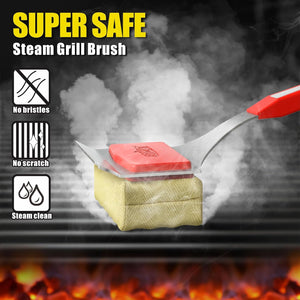 Grill Brush Bristle Free. [Rescue-Upgraded] BBQ Replaceable Cleaning Head, Unique Seamless-Fitting Scraper Tools for Cast Iron/Stainless-Steel Grates, Safe Barbecue Grill Cleaner-Red