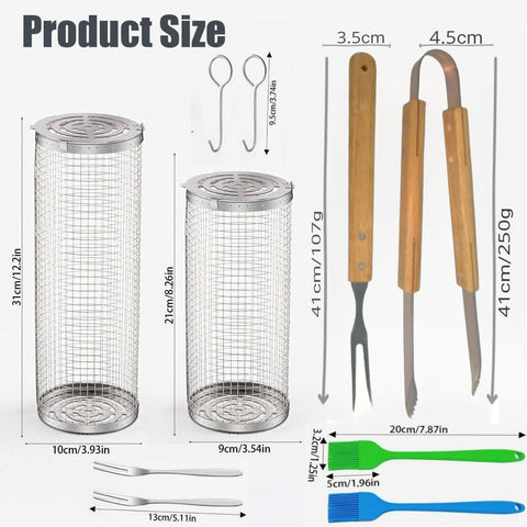 Image of Rolling Grilling Baskets for Outdoor Grill, 2 Piece Large round Barbecue Baskets, Rolling Grill Basket Grid with Tongs and Fork, Portable BBQ 304 Stainless Steel Basket for Meat Veggies Shrimp Fish
