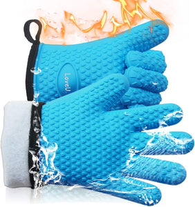 Kitchen Oven Gloves - Silicone and Cotton Double-Layer Heat Resistant Oven Mitts/Bbq Gloves/Grill Gloves - Perfect for Baking and Grilling - 1 Pair (Small, Blue)
