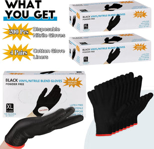 200 Pcs Disposable BBQ Gloves with 4 Pairs Cotton Liners Grilling Gloves BBQ Cooking Gloves (Black, Dark Gray, X-Large)