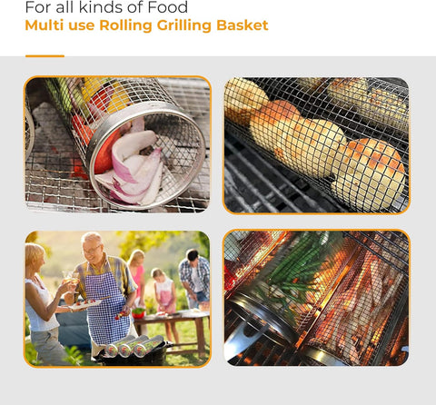 Image of 2 Pack BBQ Rolling Basket – Rolling Grilling Baskets for Outdoor Grilling - Stainless Steel BBQ Grill Basket - BBQ Accessories for Outdoor BBQ Grill