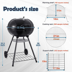 22-Inch Charcoal Kettle Grill Set of 12, Hasteel 2 Layer Grilling Racks Outdoor BBQ Grill, Heavy Duty Large Enameled Grills with Grilling Accessories for Camping Backyard Picnic, Barbecue Spatula