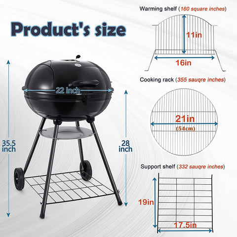 Image of Hasteel 22 Inch Charcoal Grill, 2 Layer Grilling Racks Heavy Duty Kettle Outdoor BBQ Grill, Large 355 Square Inches for Camping Backyard Picnic Patio Barbecue Cooking, round Black Enamel Lid & Bowl