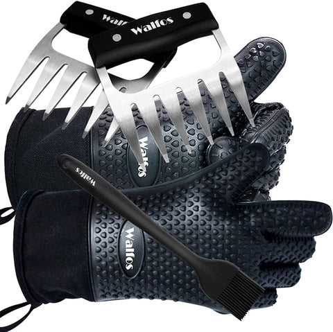 Walfos Silicone Grill and Cooking Gloves plus Pork Shredder Claws plus Silicone Basting Brush - Heat Resistant and Non-Slip, Safe Cooking and Grilling for Indoor & Outdoor, Superior Value Premium Set