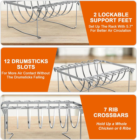 Image of Delsbbq 3 in 1 Rib Rack, Chicken Leg Rack & Turkey Roasting for Grilling & Smoking, Holds 6 Large Ribs, 12 Chicken Leg Wing, 1 Whole Chicken. Foldable Space-Saving Chicken Drumstick Rib Racks