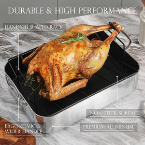 KITESSENSU Hard Anodized Nonstick Roasting Pan with Rack - 16 X 12 Inch Aluminum Turkey Roaster Baking Pan for Oven - Oven Safe & Compatible with All Stovetops, Silver