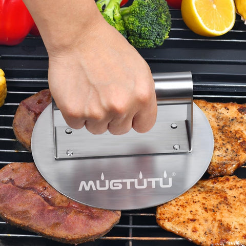 Image of MUGTUTU Stainless Steel Burger Press, 6.3 Inch Smash Burger Press, Non-Stick Smooth Hamburger Press, Bacon Press, Grill Press Perfect for Flat Top Griddle Grill Cooking (6.3IN Flat)