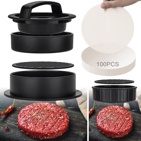 Image of TOUWMX 3-In-1 Stuffed Burger Press, Hamburger Press, Hamburger Press Patty Maker for Stuffed Burgers, Beef Veggie Burger, Sliders, Burger Patty Mold with 100PCS Patty Wax Paper