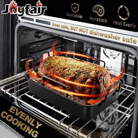 Image of 14-In Nonstick Turkey Roasting Pan with Rack Set, Joyfair Chicken Roaster Pan with Flat Rack & Removable V-Rack, Heavy Duty Rectangular Oven Bakeware with Non-Toxic Coating, Easy Releasing & Cleaning