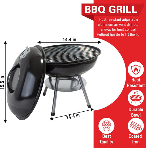 Image of Alpine Cuisine Premium 14" Charcoal BBQ Grill round for Outdoor Cooking, Barbecue Coal Kettle Bowl Grill Portable Heavy Duty round with Legs Grilling for Tailgating Patio Backyard Camping - Black