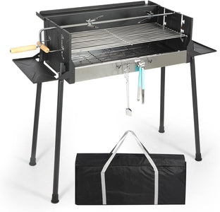 Lineslife Portable Charcoal Grill, Extra Large Outdoor BBQ Grill with Oversize Cooking Area Offset Smoker, Black Barbecue Grill with 3 Adjustable Heights, 2 Foldable Side and Material Tables