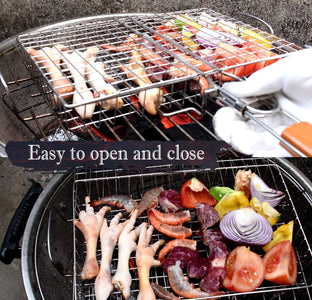Grill Basket Stainless Steel BBQ Grilling Basket with Burger Press Set.Grill Basket for Fish,Vegetables BBQ Camping Accessories Outdoor Grilling Gifts for Men Dad Folding Grill Basket with Removable Handle