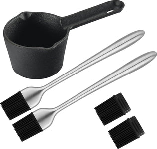 Cast Iron Sauce Pot and Silicone Basting Brush Set for Grilling, 5 Pcs Barbecue Accessories Include Heat Preservation Heavy Melting Pot, 2Pcs Stainless Steel Long Handle Brush with 2 Pcs Replacements
