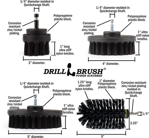 Image of - 4 Piece Black Drillbrush Ultra Stiff Cleaning Brush Set - Metal Brush for Drill Alternative - Grill Brush for Cordless Drill - Grill Grate Cleaner Brush