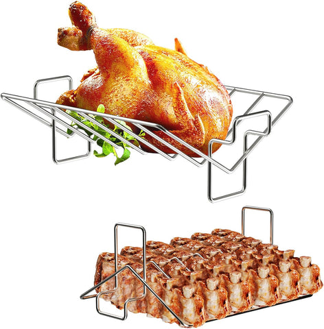 Image of BBQ Future V-Shaped Stainless Steel Roasting Rack, Poultry Turkey Rack for Roasting Pan, Universal BBQ Rib Racks for Big Green Egg, Kamado Joe, Large BGE Smoker, Grills and Ovens