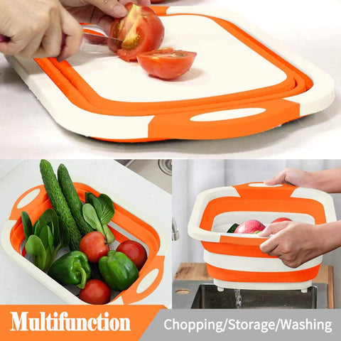 Image of Rottogoon Collapsible Cutting Board, Foldable Chopping Board with Colander, Multifunctional Kitchen Vegetable Washing Basket Silicone Dish Tub for BBQ Prep/Picnic/Camping(Orange)
