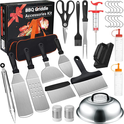 Image of Griddle Accessories Kit, 29PCS Flat Top Grill Accessories Set for Blackstone and Camp Chef, Grill Spatula Set with Enlarged Spatulas, Basting Cover, Scraper, Tongs for Outdoor BBQ with Meat Injector